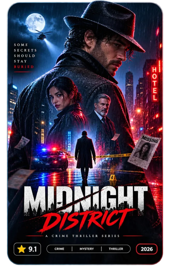 Pôster da série de suspense policial Midnight District com nota 9.1, exemplo de capa exibida na interface do YouCine
