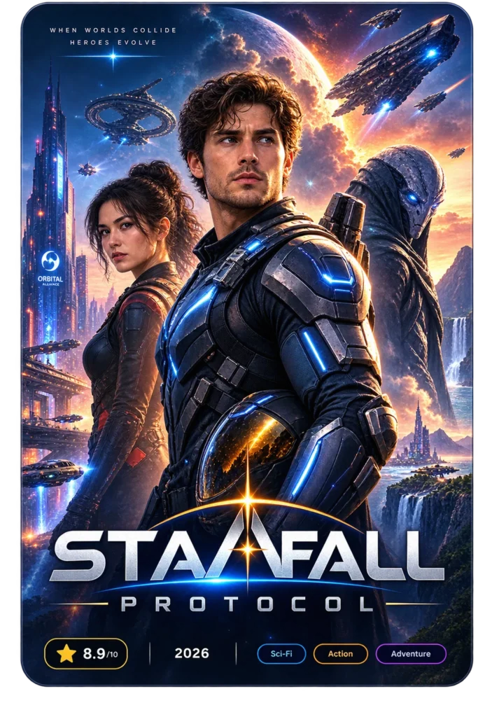 Pôster do filme de ficção científica Starfall Protocol com nota 8.9, exemplo de capa exibida na interface do YouCine