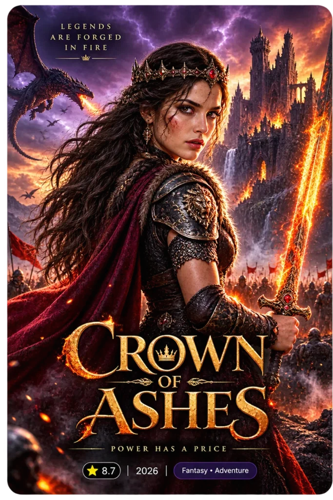 Pôster do filme de fantasia Crown of Ashes com nota 8.7, exemplo de capa exibida na interface do YouCine