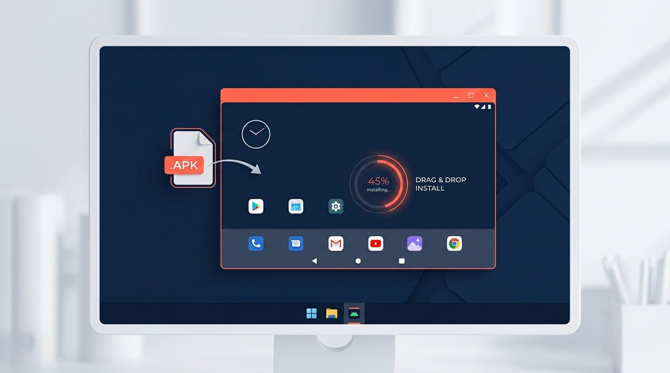 Ilustração do fluxo de instalação de APK dentro do emulador Android no Windows