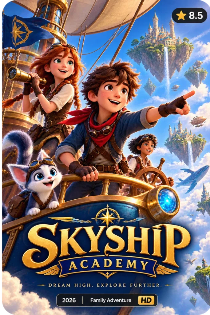 Pôster da animação de aventura Skyship Academy com nota 8.5, exemplo de capa exibida na interface do YouCine