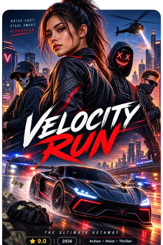 Pôster do filme de ação Velocity Run com nota 9.0, exemplo de capa exibida na interface do YouCine