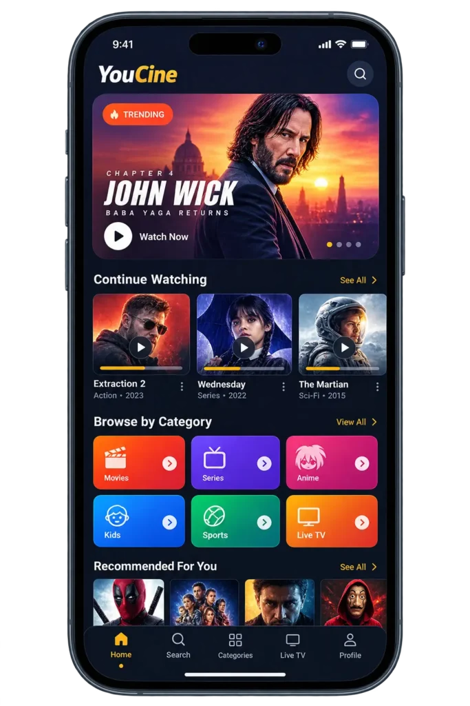 Tela inicial do aplicativo YouCine no Android com destaques, continuar assistindo e categorias de filmes e séries
