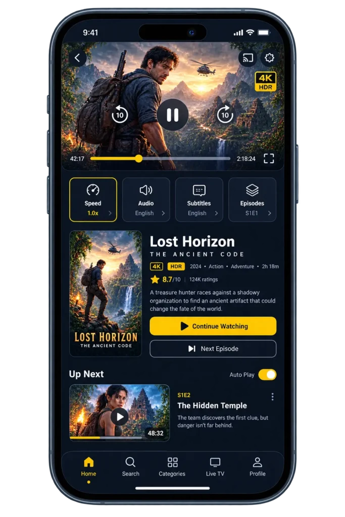 Reprodutor de vídeo do YouCine em 4K HDR com controles de velocidade, áudio, legendas e episódios