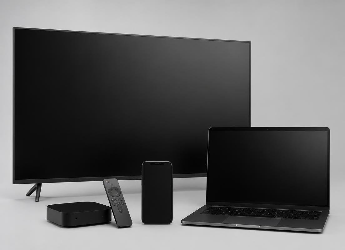 Smart TV, TV Box com controle remoto, smartphone e notebook lado a lado