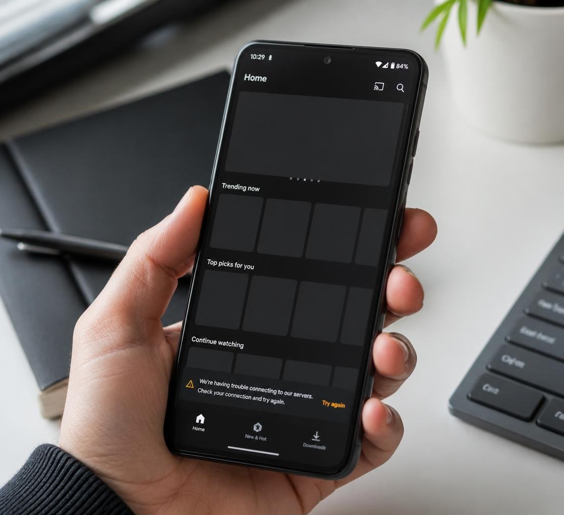 Smartphone Android exibindo aviso de falha de conexão em um aplicativo de streaming