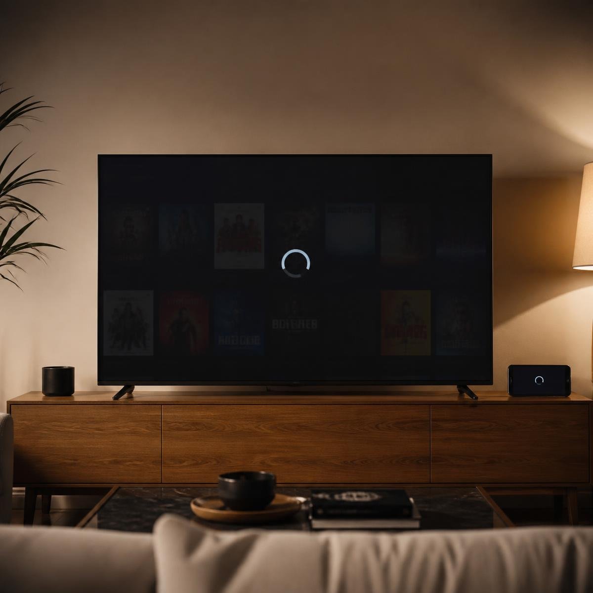 Televisor moderno em sala de estar exibindo o aplicativo YouCine em estado de carregamento
