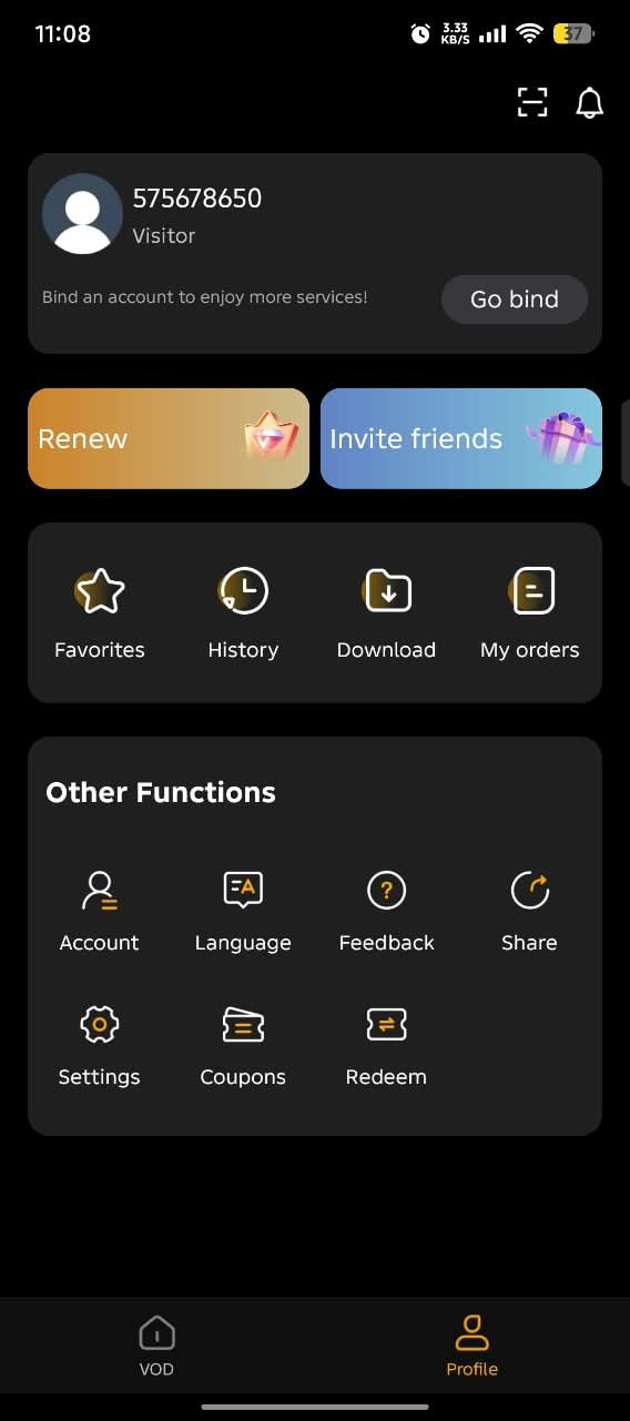 Perfil do YouCine em modo visitante, com ID numérico e botão Go bind