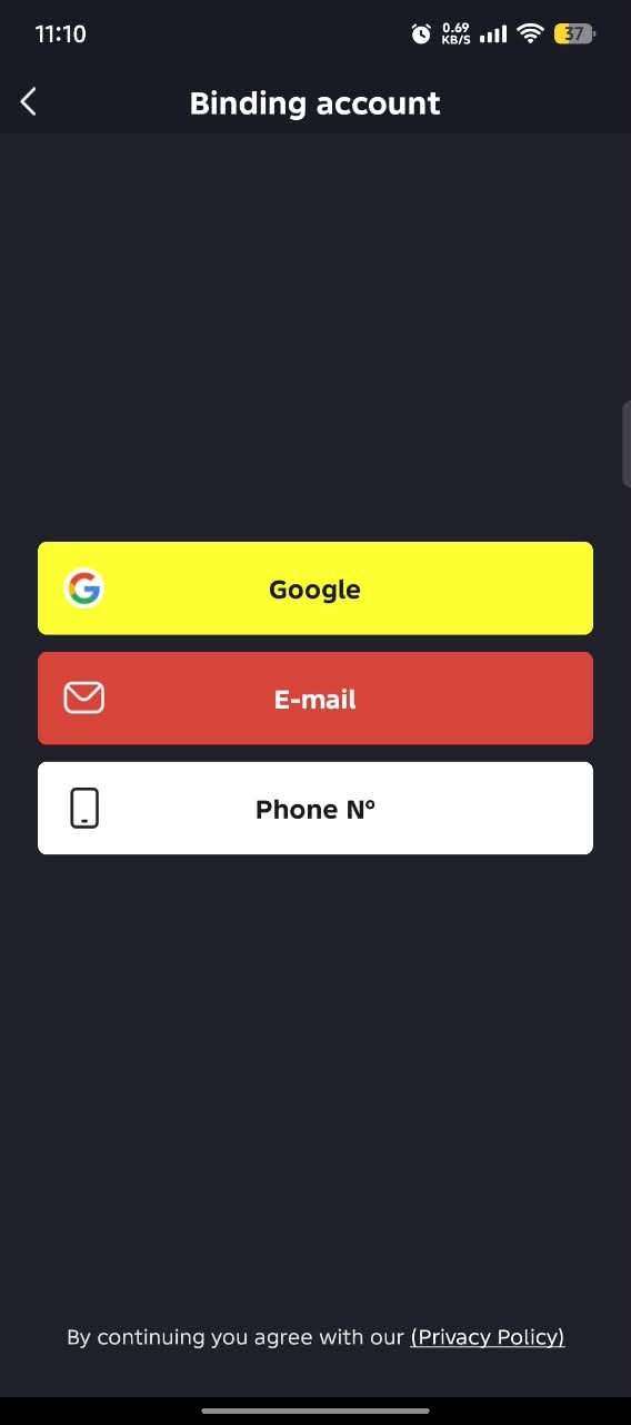 Tela Binding account do YouCine com opções Google, E-mail e Telefone
